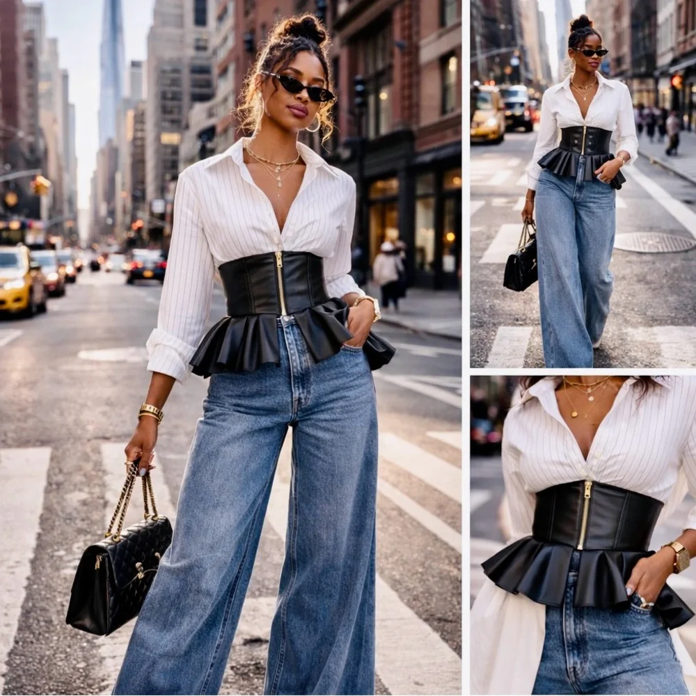 Faux Leather Peplum Corset Belt | Stretch Waist Cincher | Statement Fashion Belt - Picture 7 of 7
